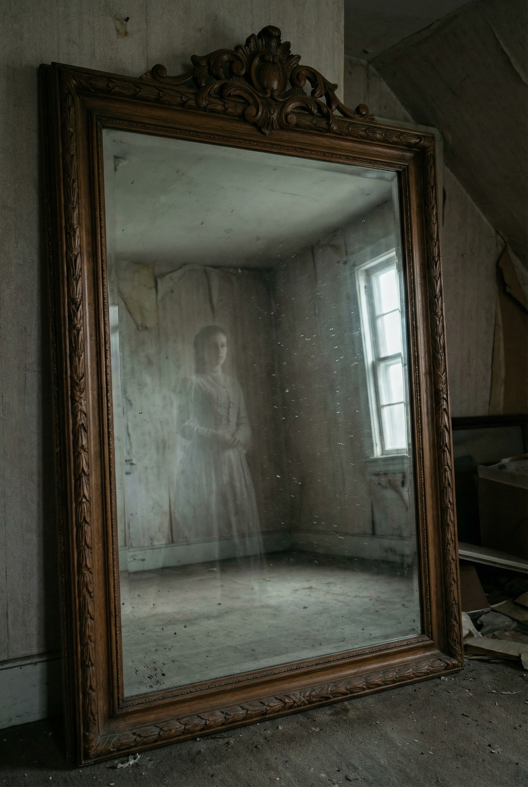 Antique mirror reflecting an empty room