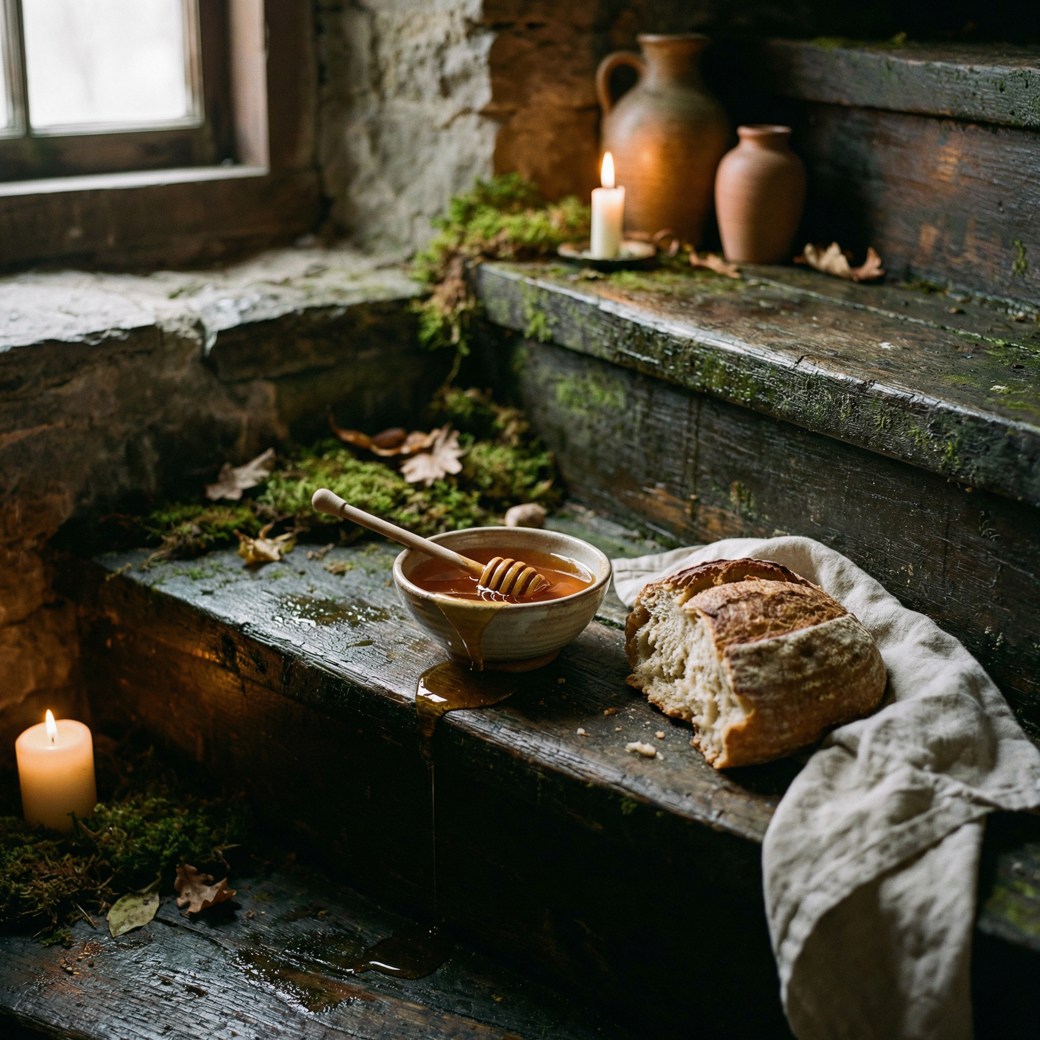 Bowl of honey and bread on a step