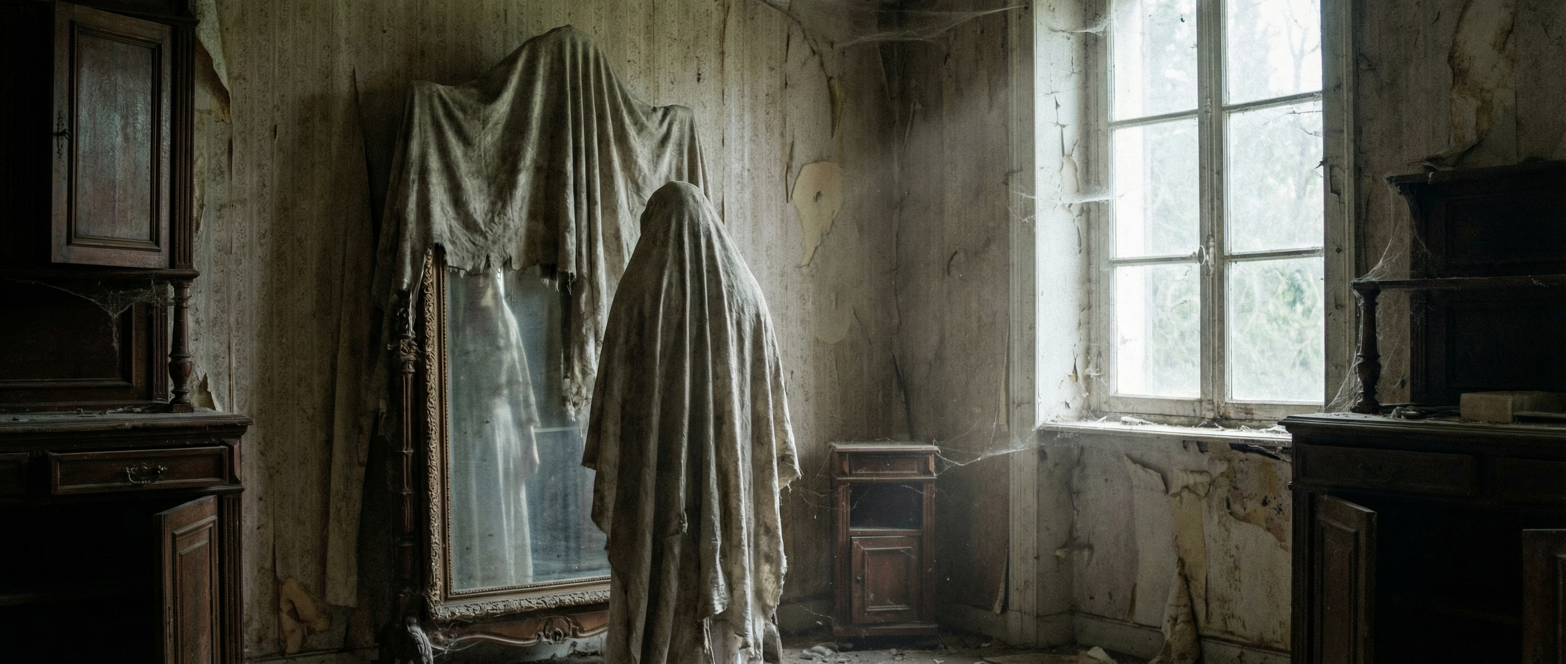 Covered mirror in an old room