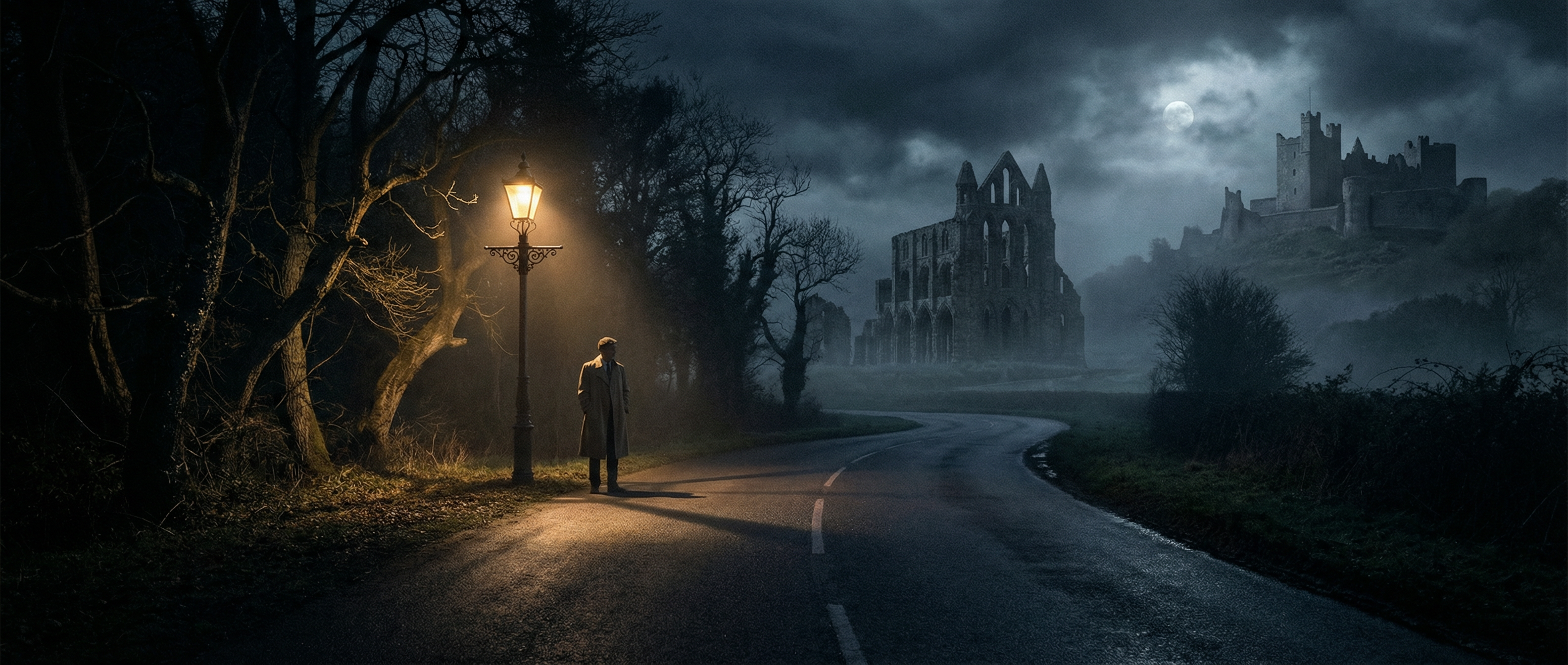 Dark road with a single lamp