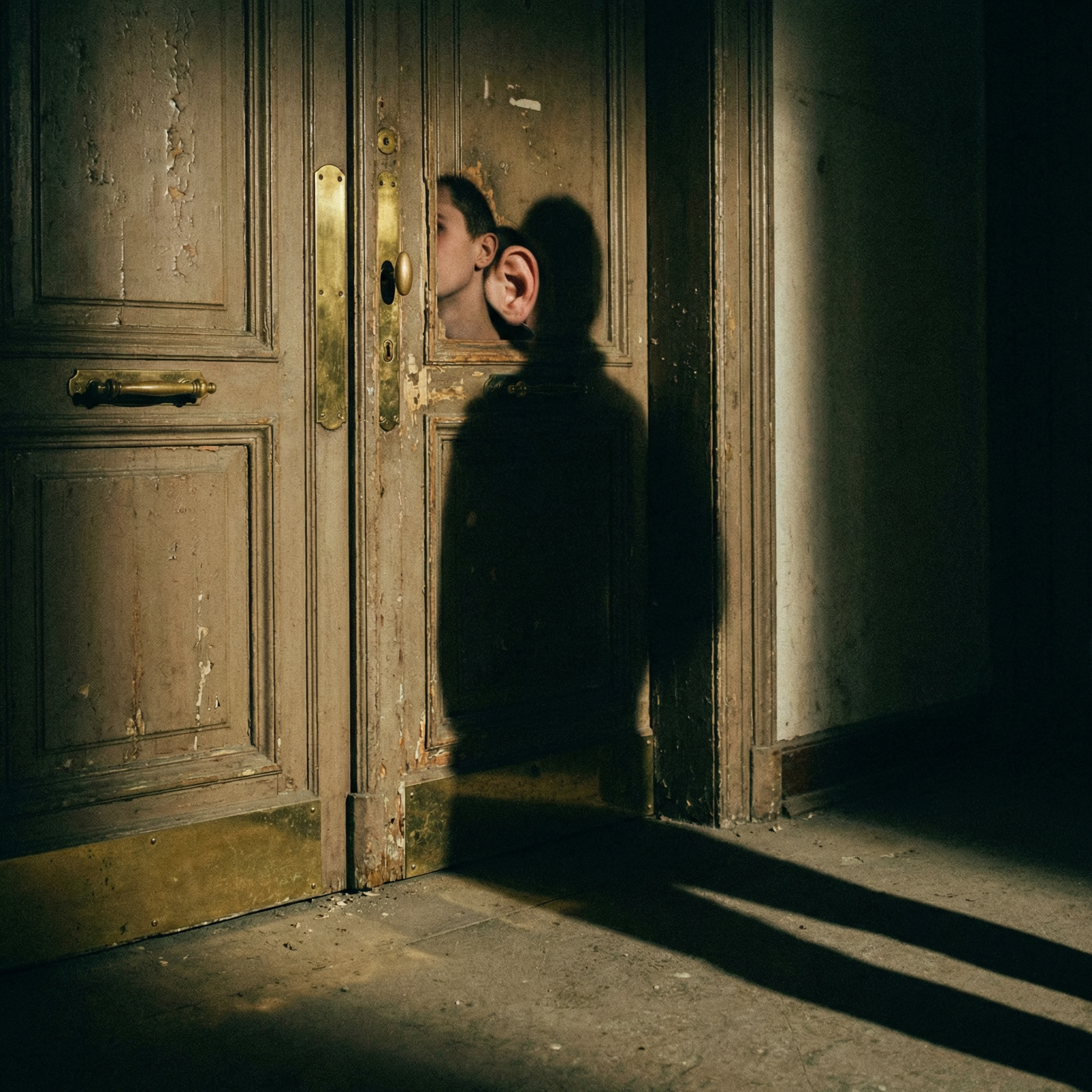 Ear pressed to a door