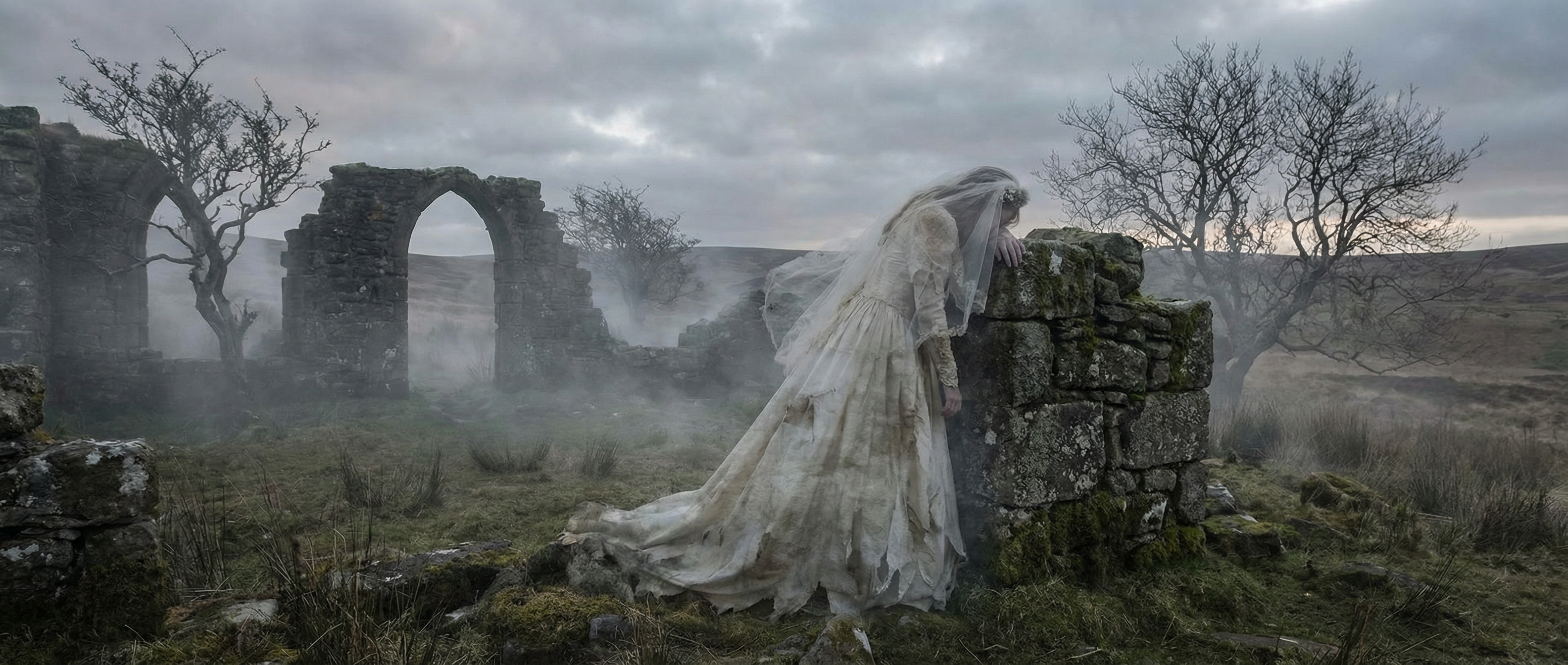 Faded wedding veil on stone