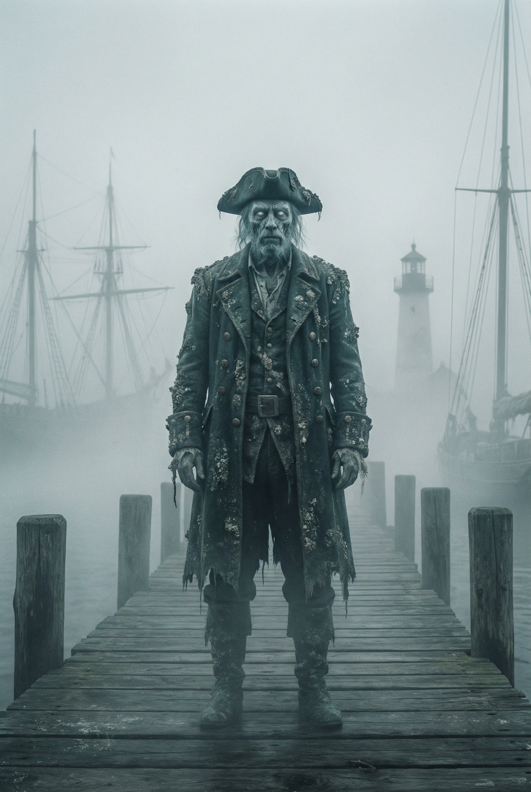 Figure in captain's coat on a foggy pier