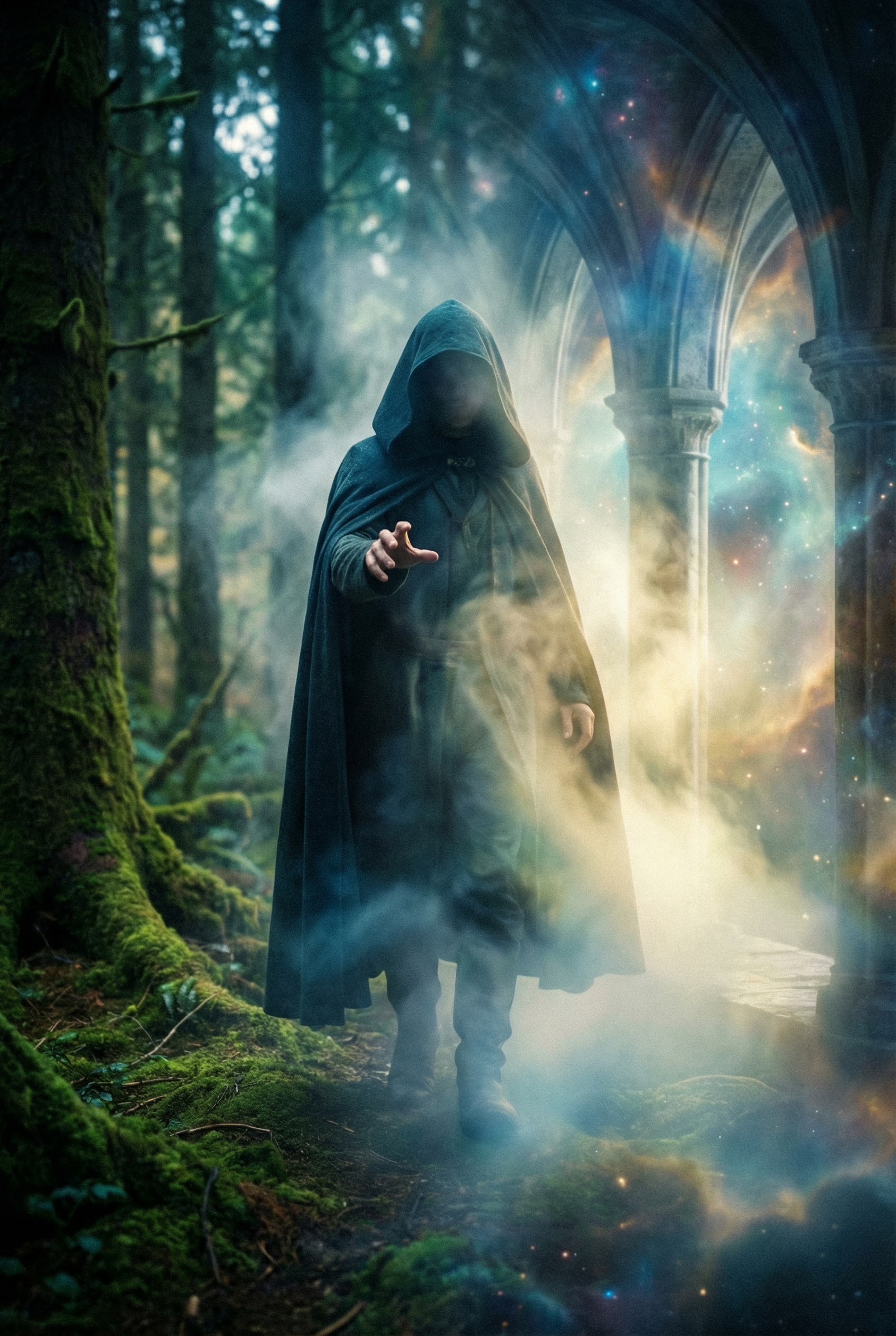 Figure stepping through fog