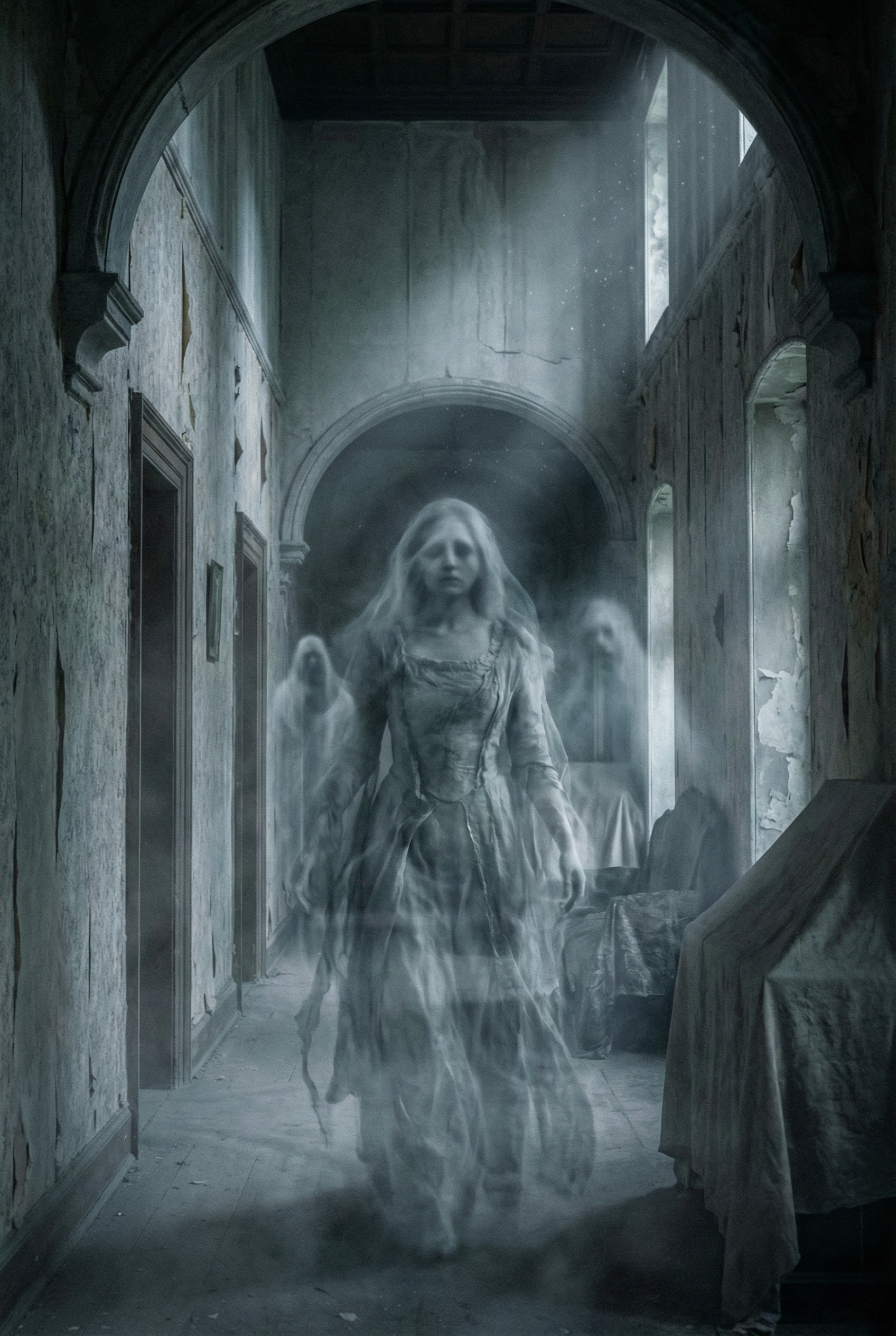 Ghostly figure in misty manor corridor