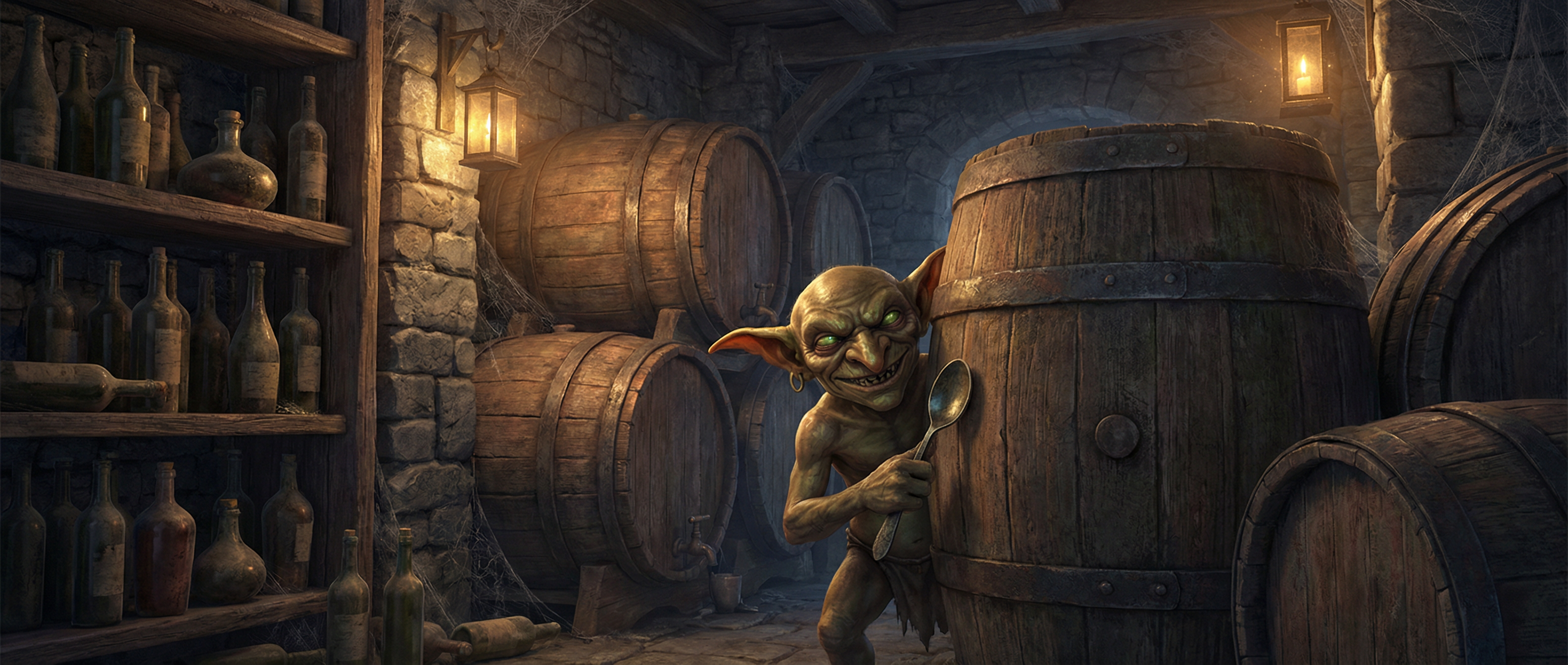 Goblin hiding behind a barrel in a cellar
