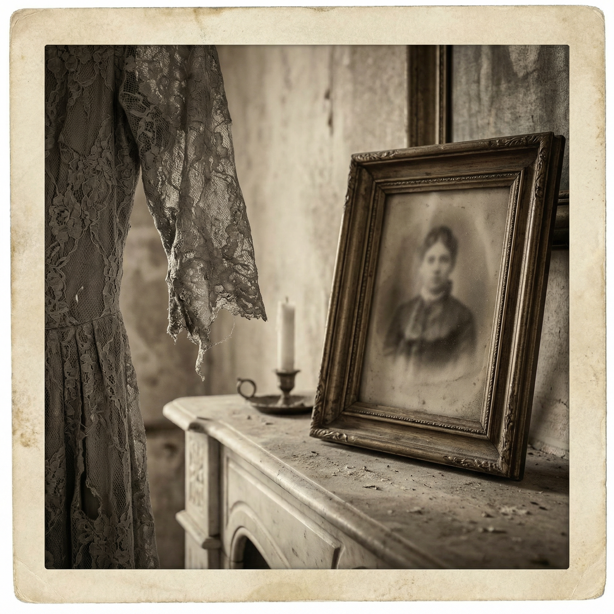 Gray dress detail and old portrait frame