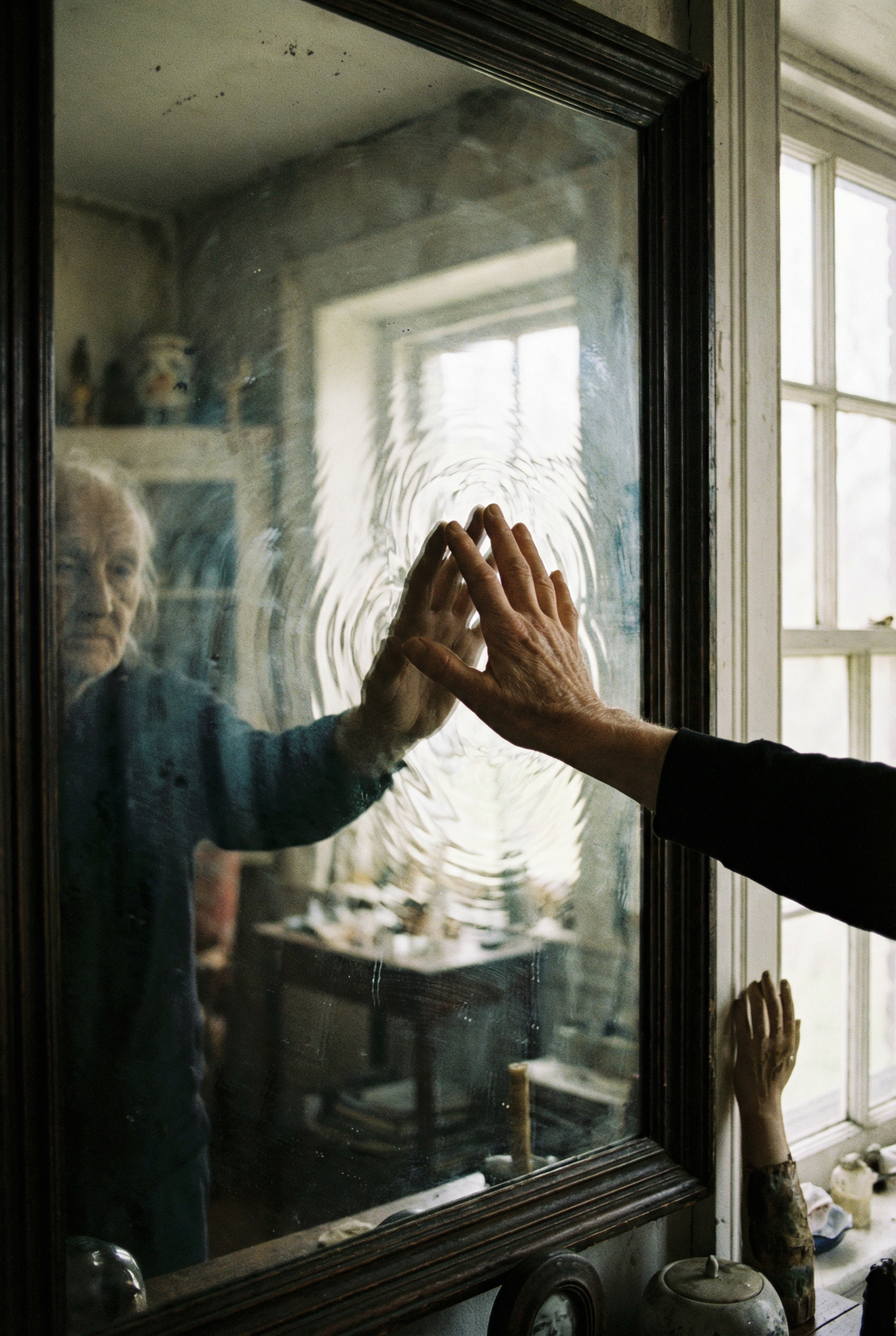 Hand touching a mirror surface