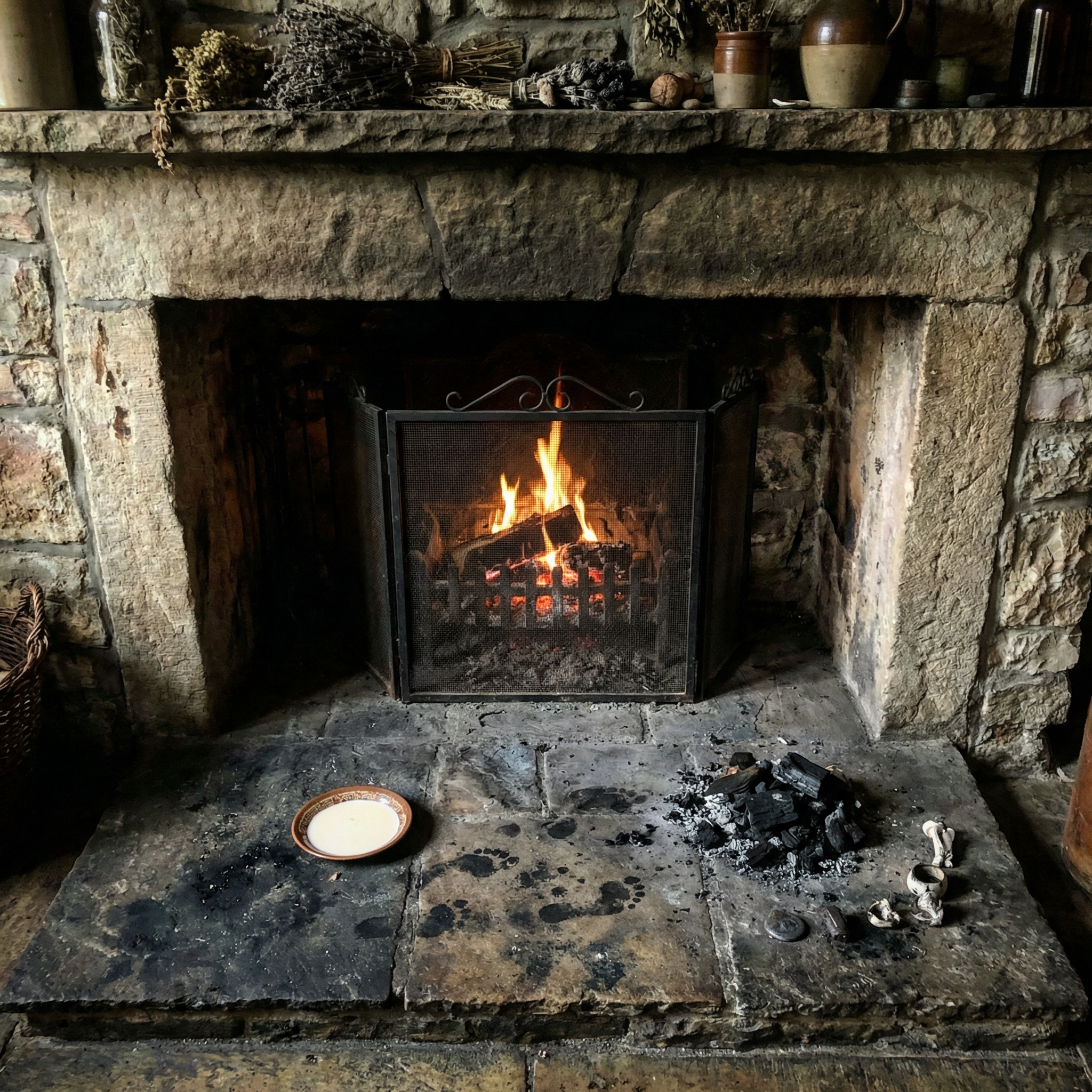 Hearth with cream saucer and soot prints