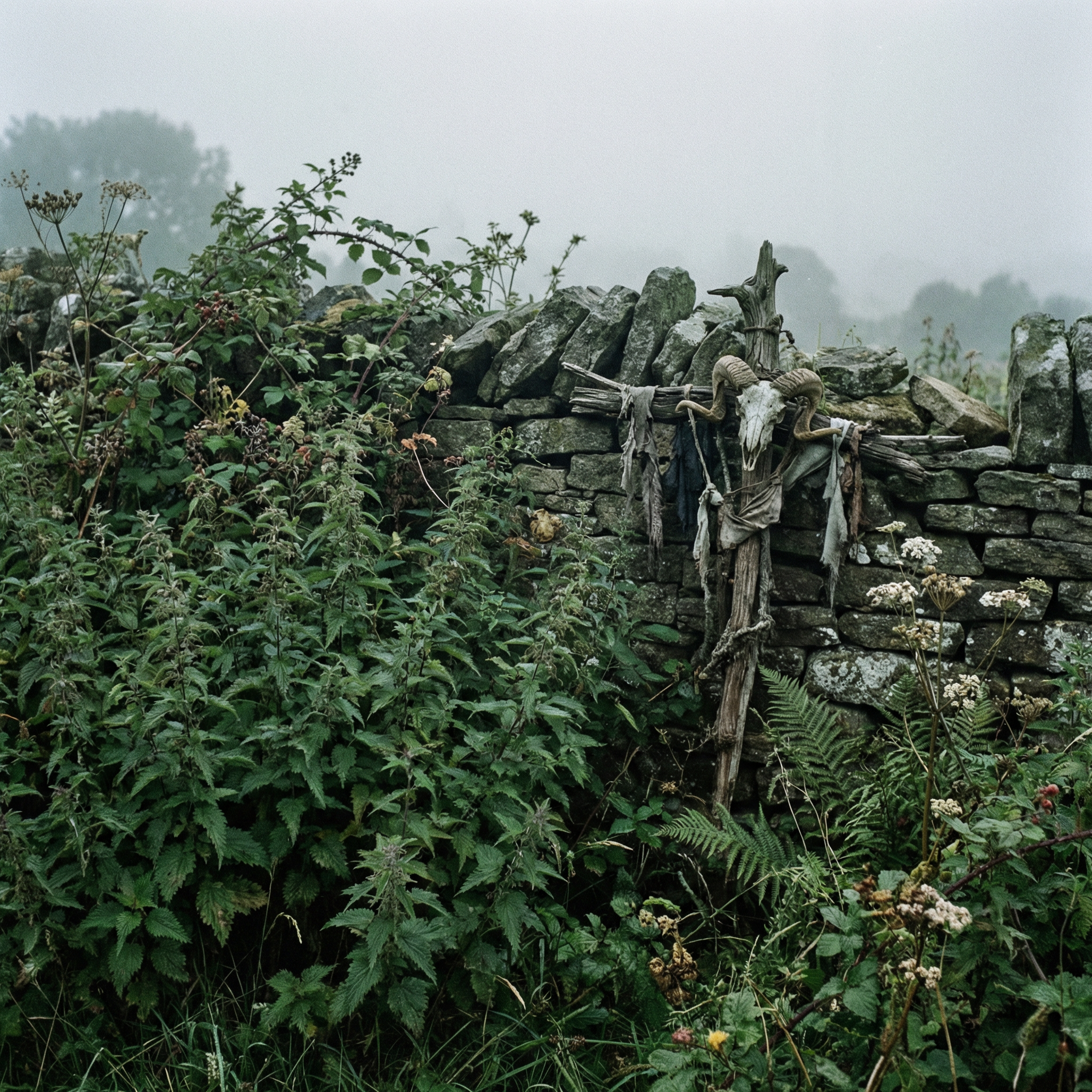 Nettle patch by a stone wall