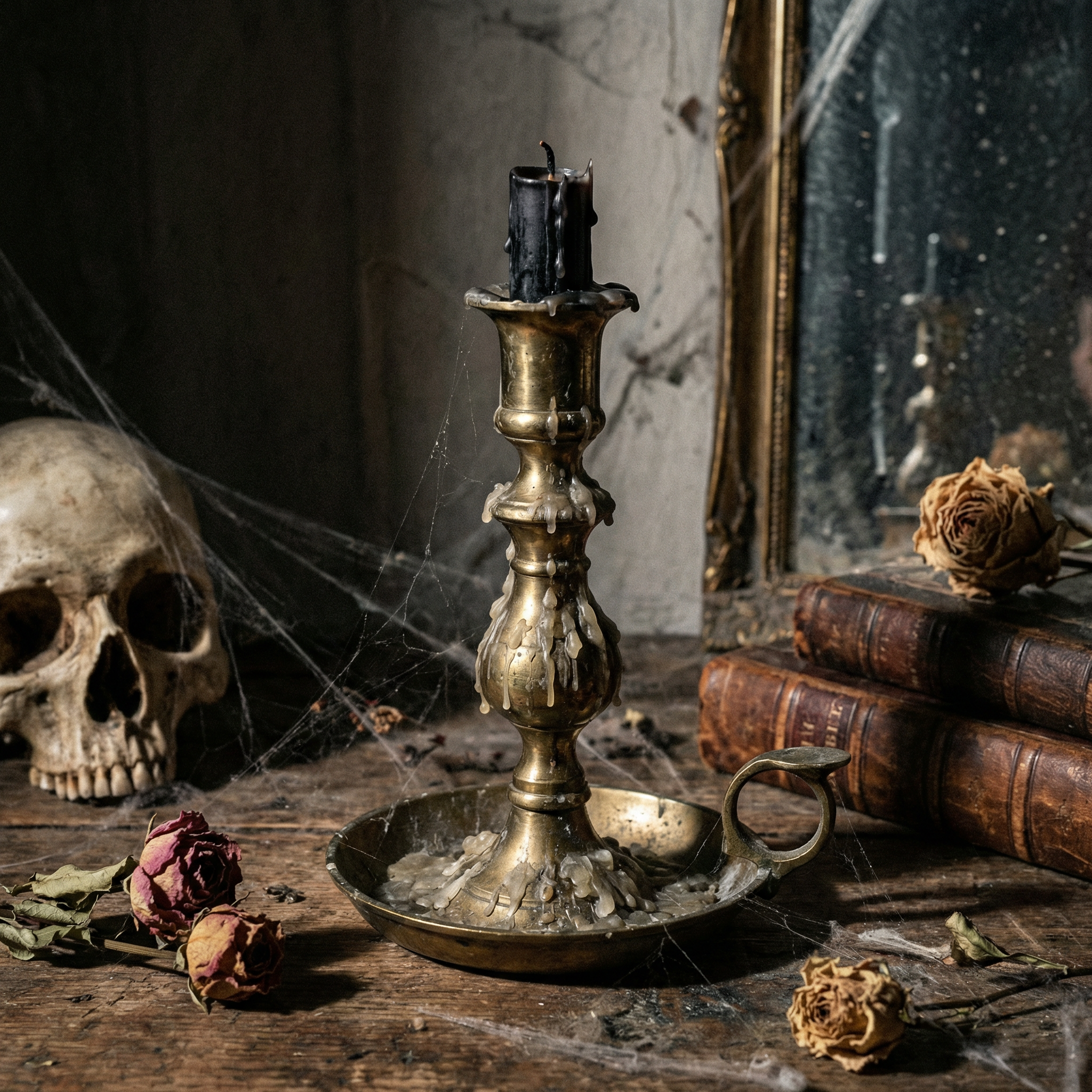 Old candlestick with wax drippings