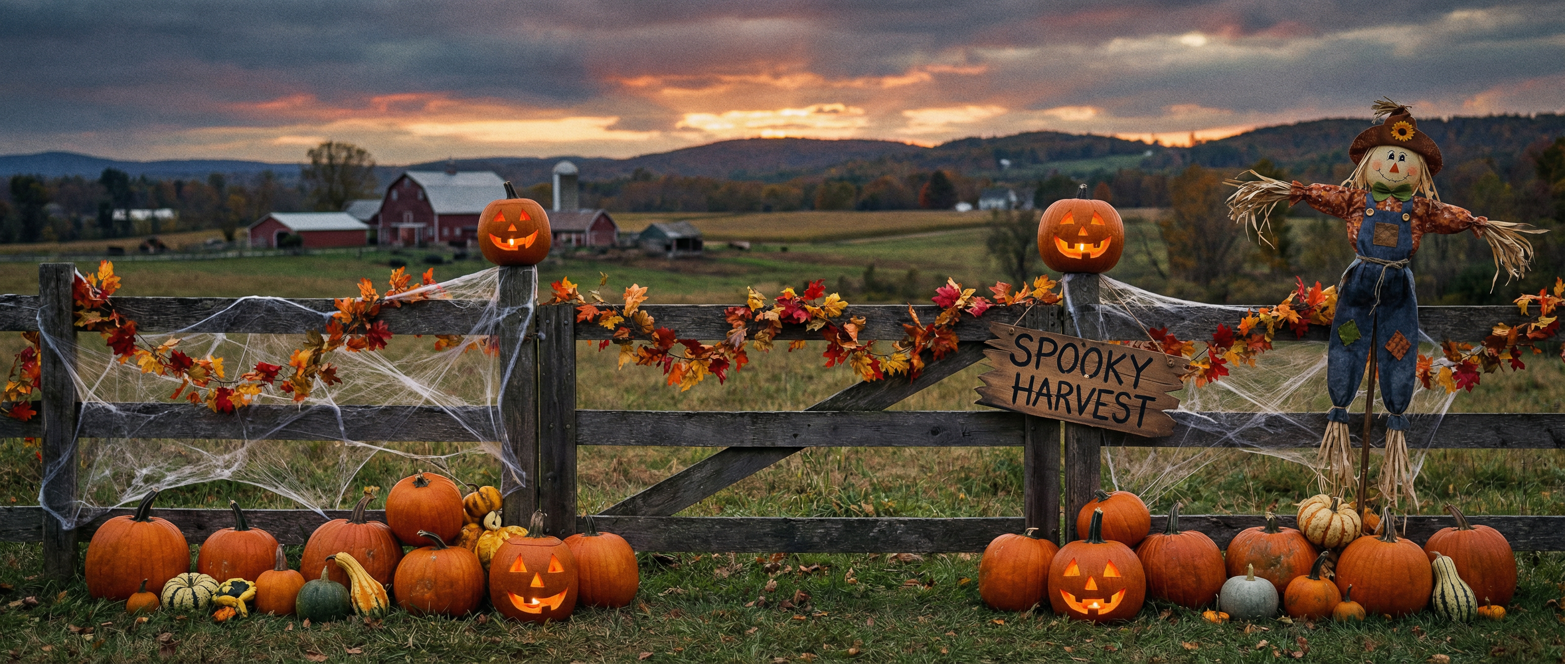 Pumpkin and autumn leaves on a fence