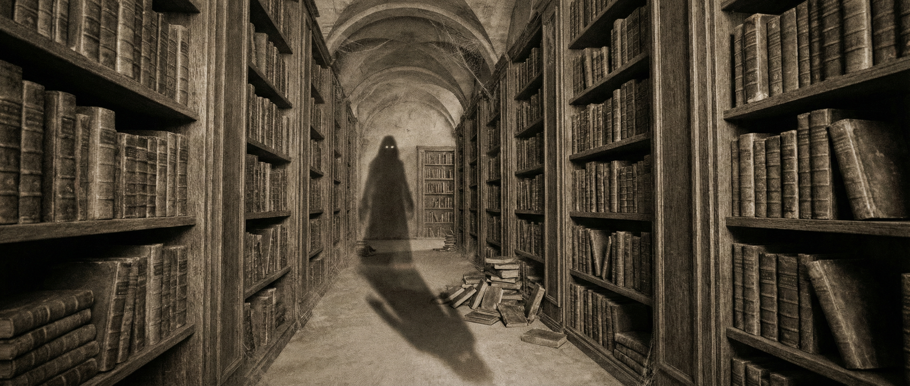 Rows of old books with a shadow between them