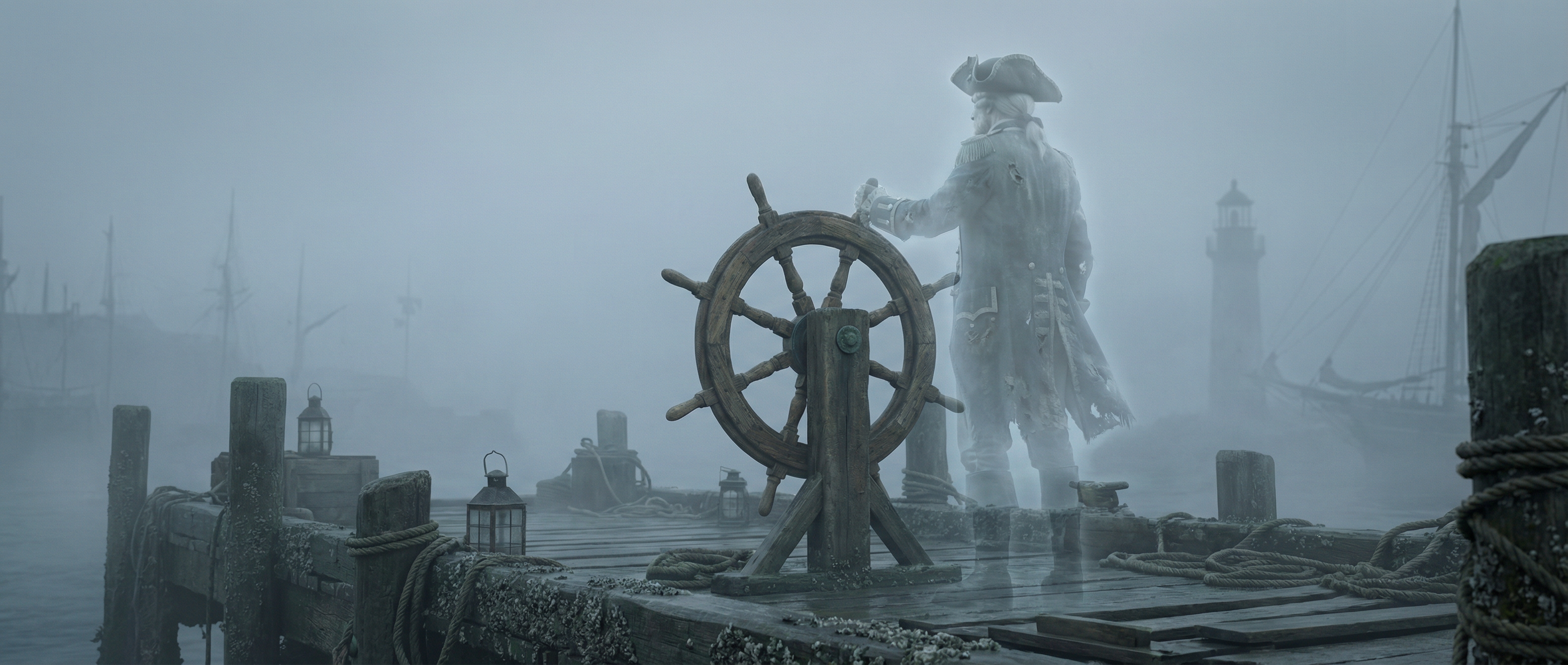 Ship wheel in fog