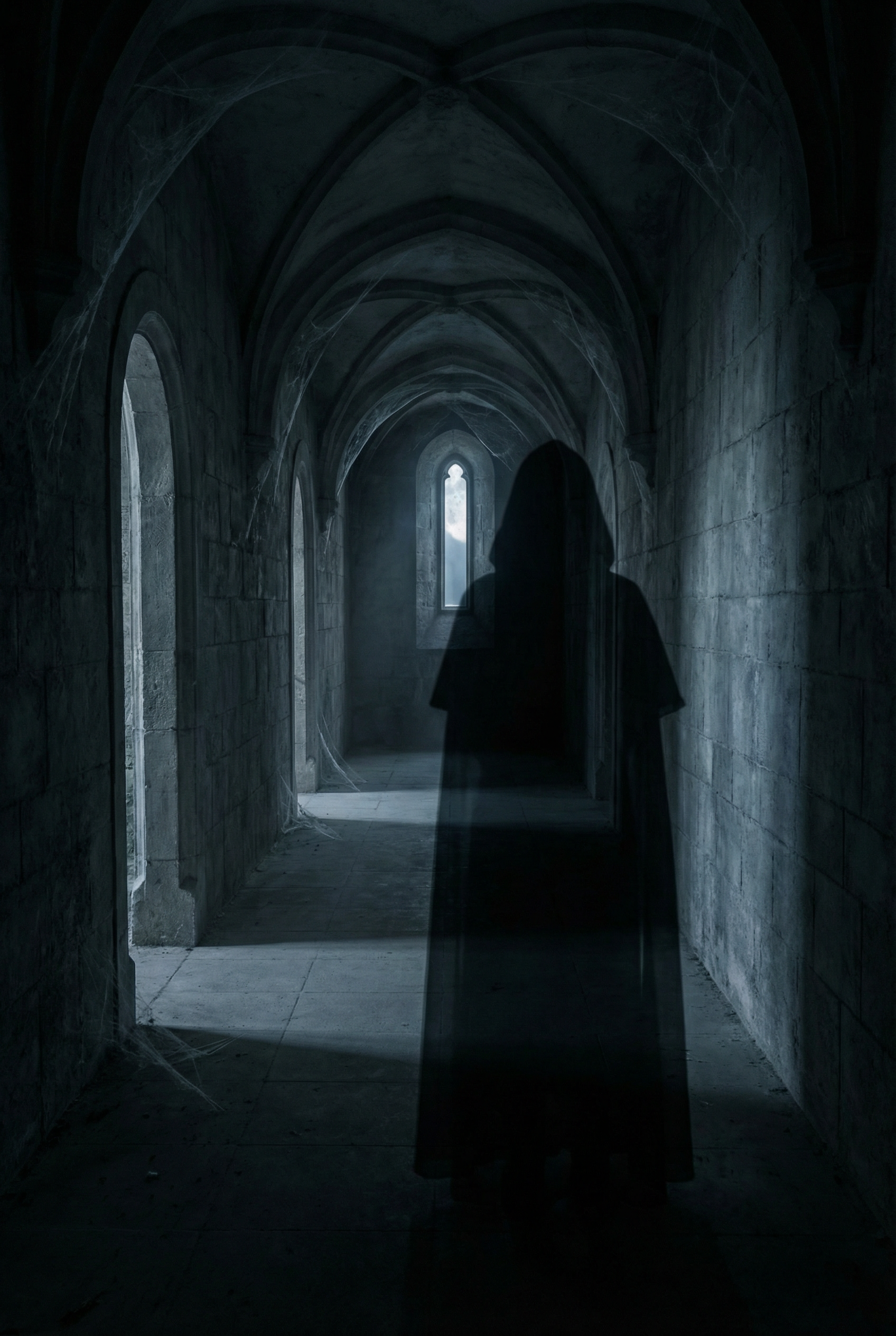 Silhouette of a ghost in a long hallway