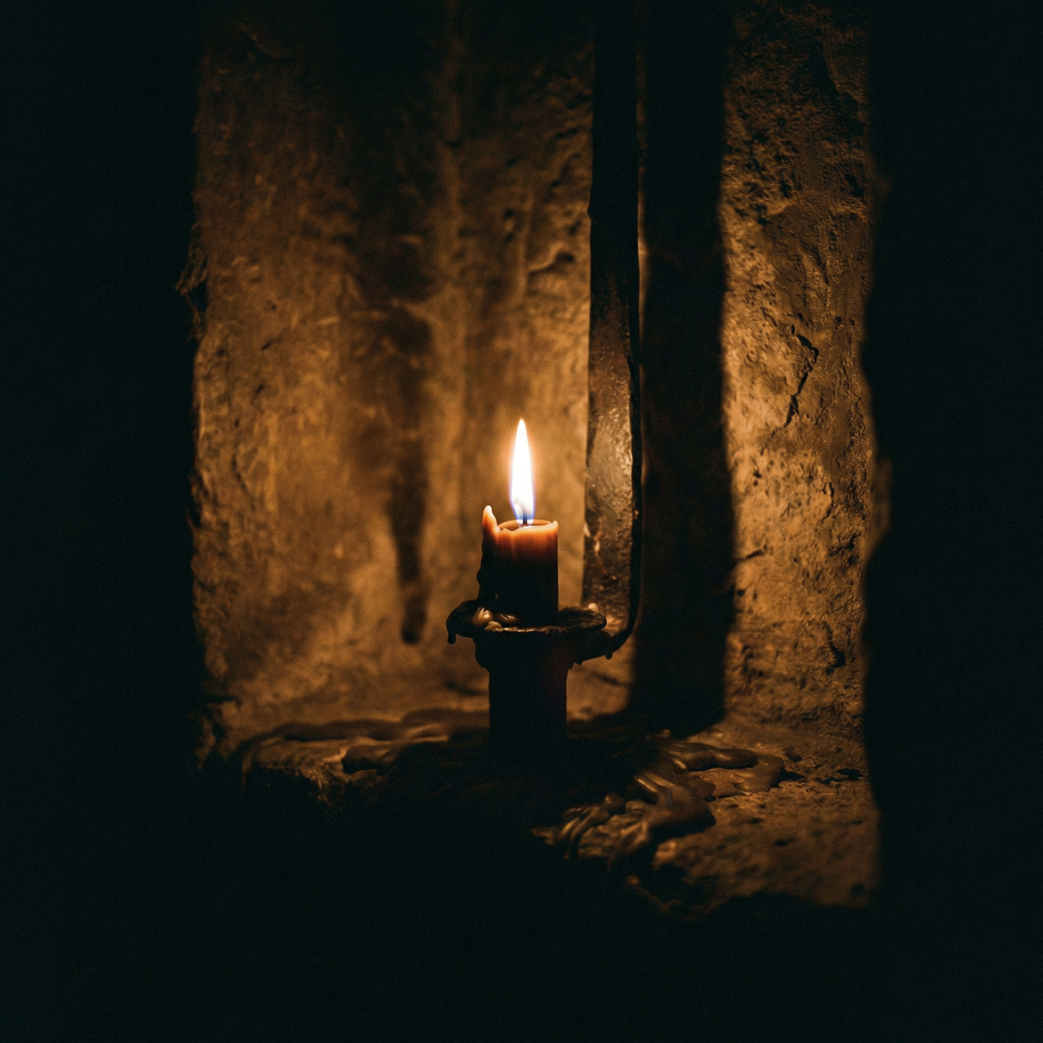 Single candle flame in the dark