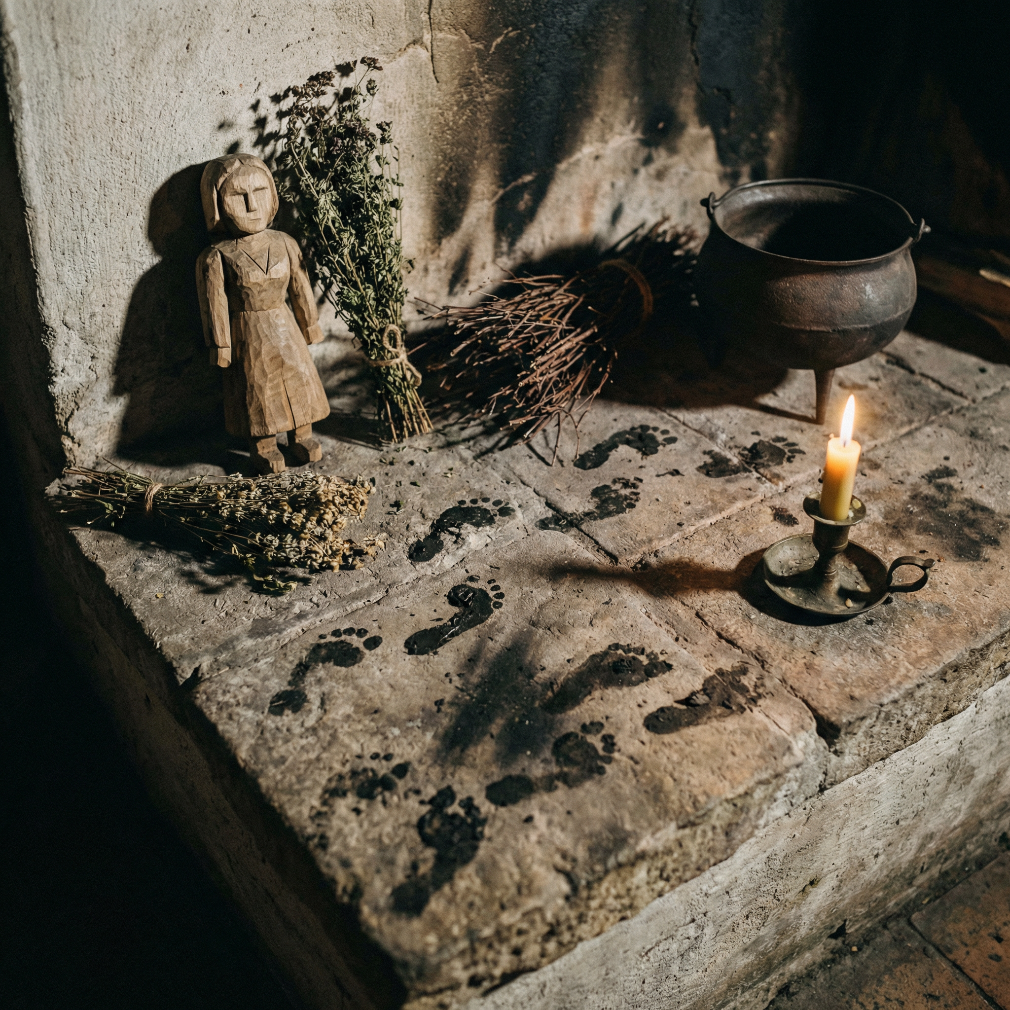 Small black footprints on a stone hearth