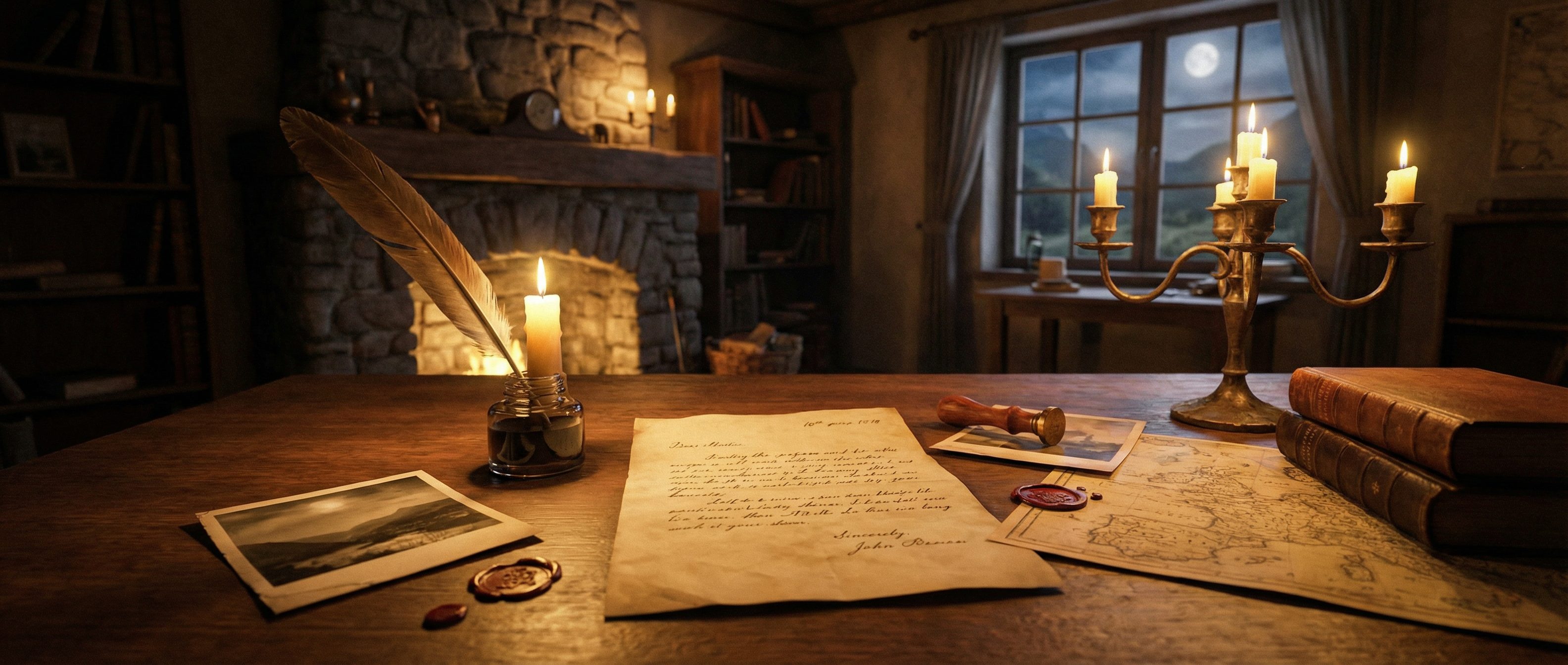 Vintage desk with quill and letter