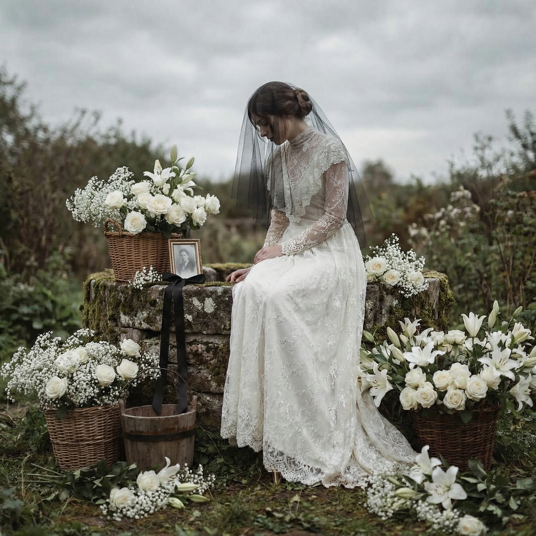 White flowers at a well