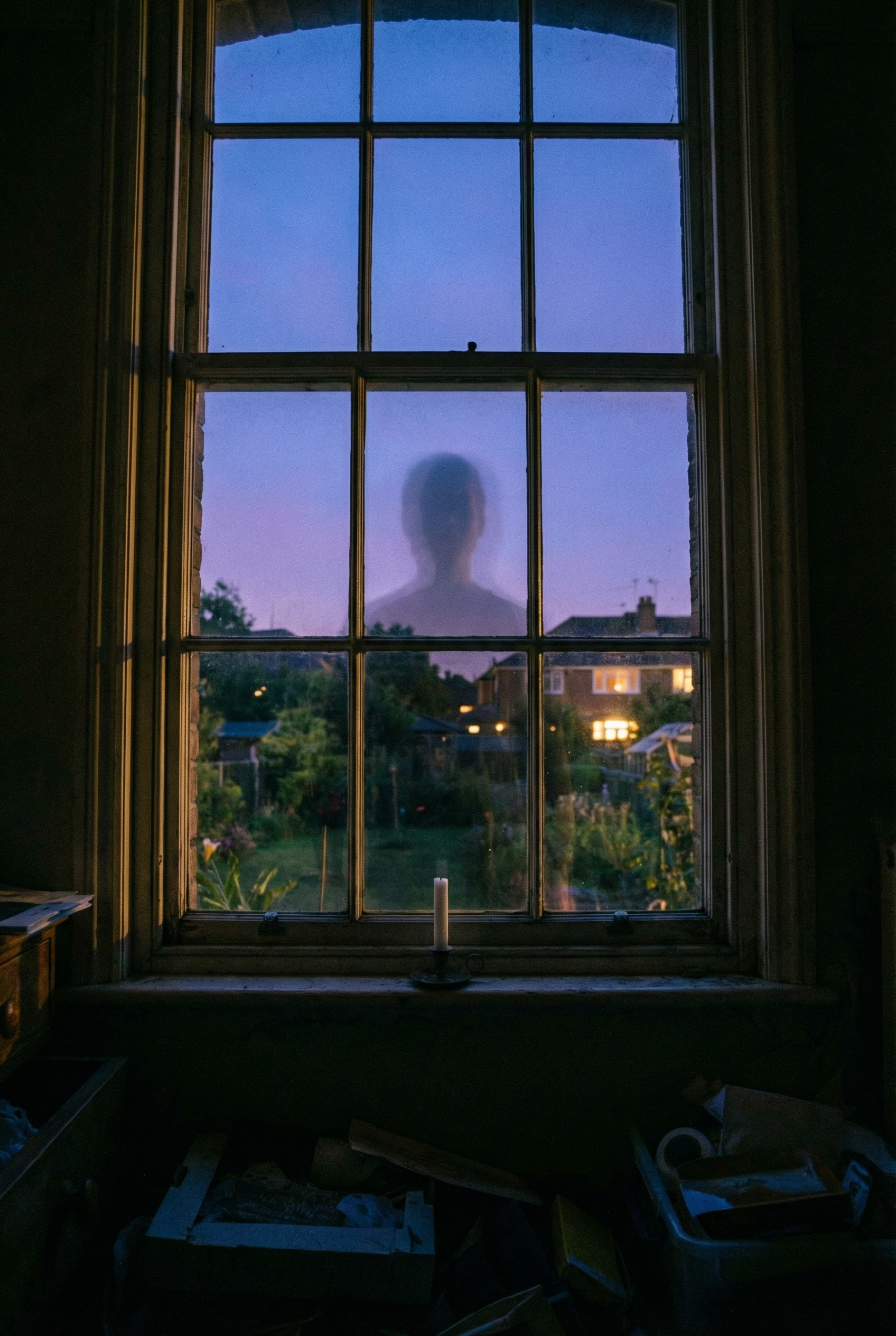 Window at dusk with a faint figure