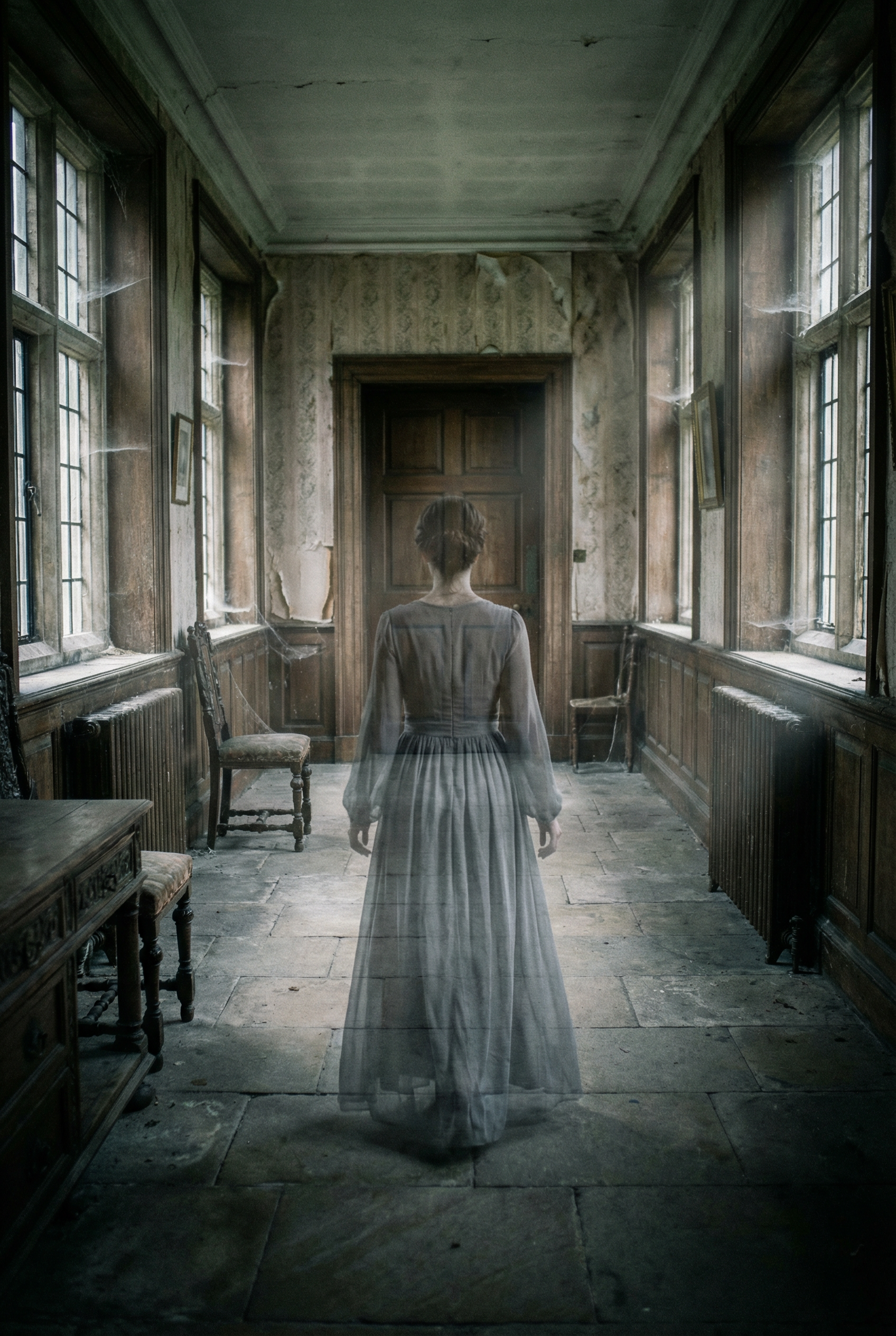 Woman in gray dress seen from behind in a corridor