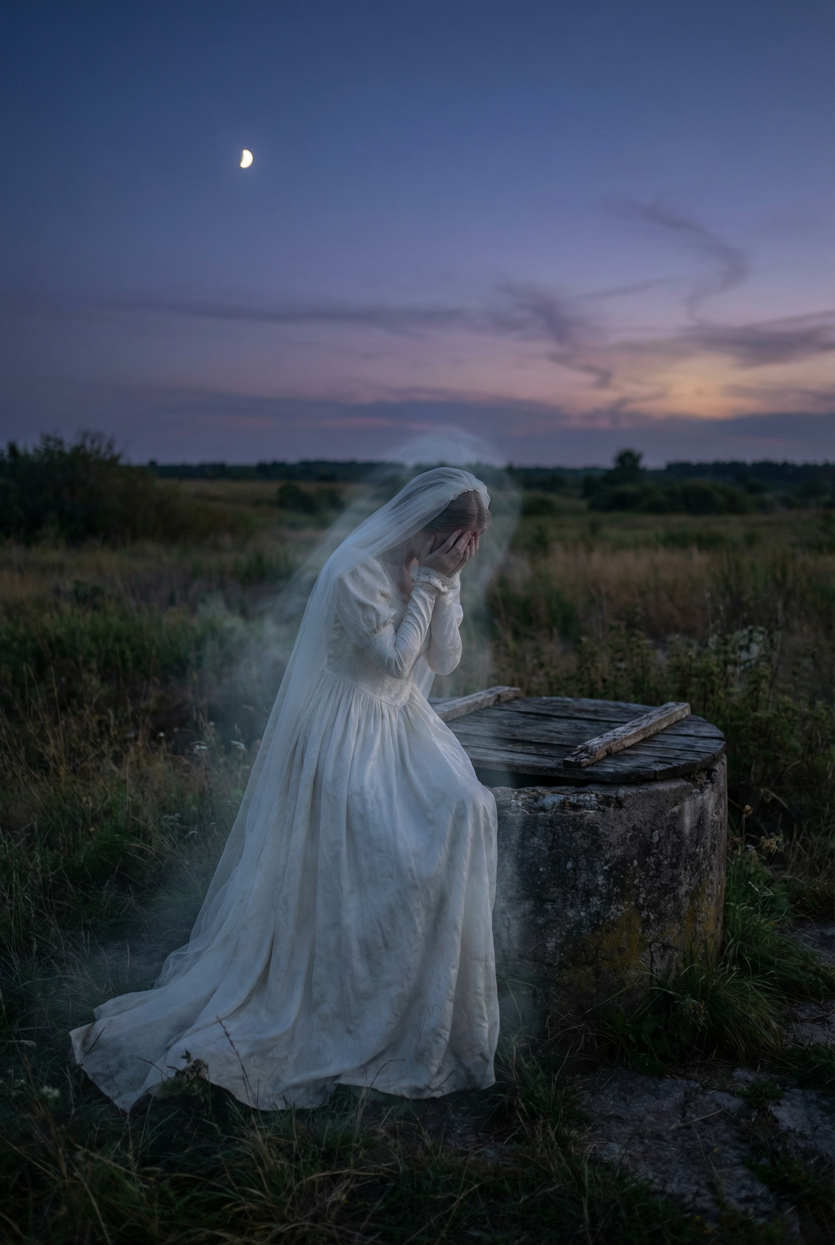 Woman in white dress by a well at twilight